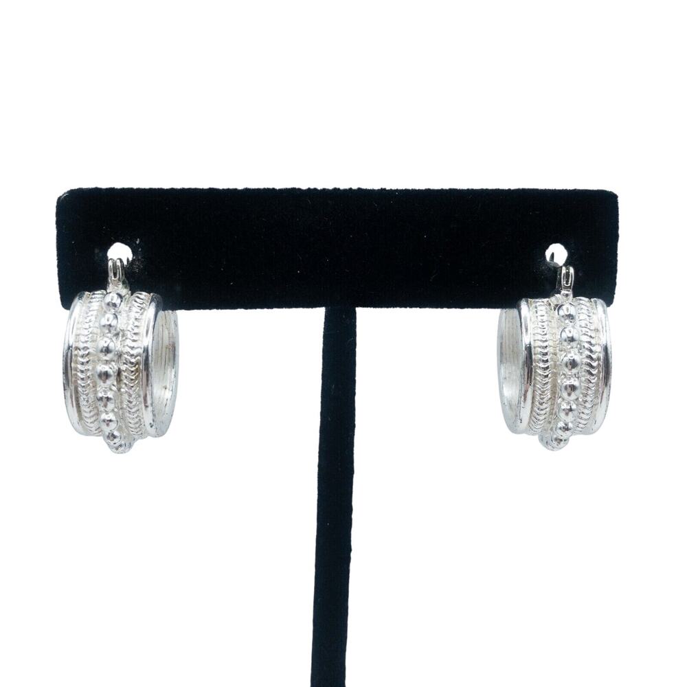 Silver Tone Textured Beaded Huggie Hoop Earrings Boho Tribal Chunky Small Hoops
